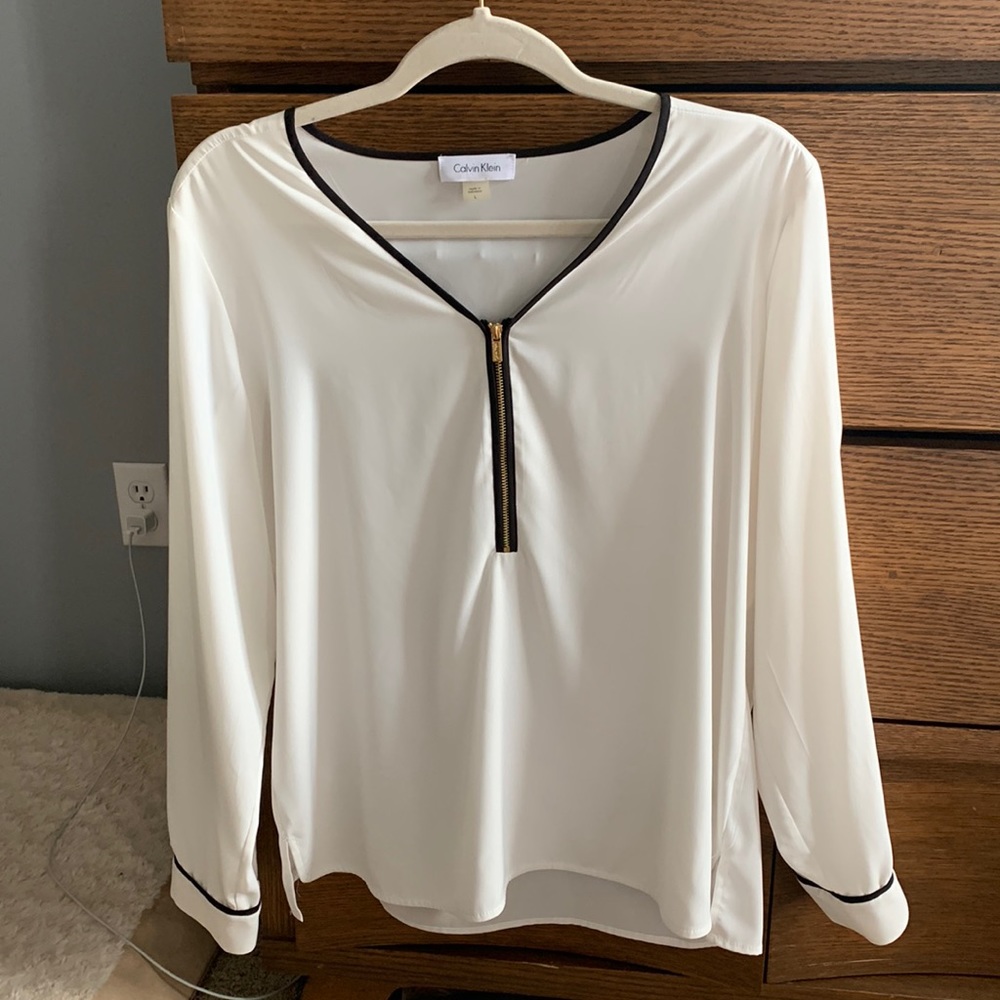Calvin Klein long sleeve blouse with gold zipper front